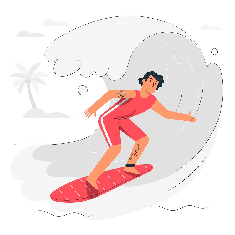 Cartoon drawing of a surfer in red overalls